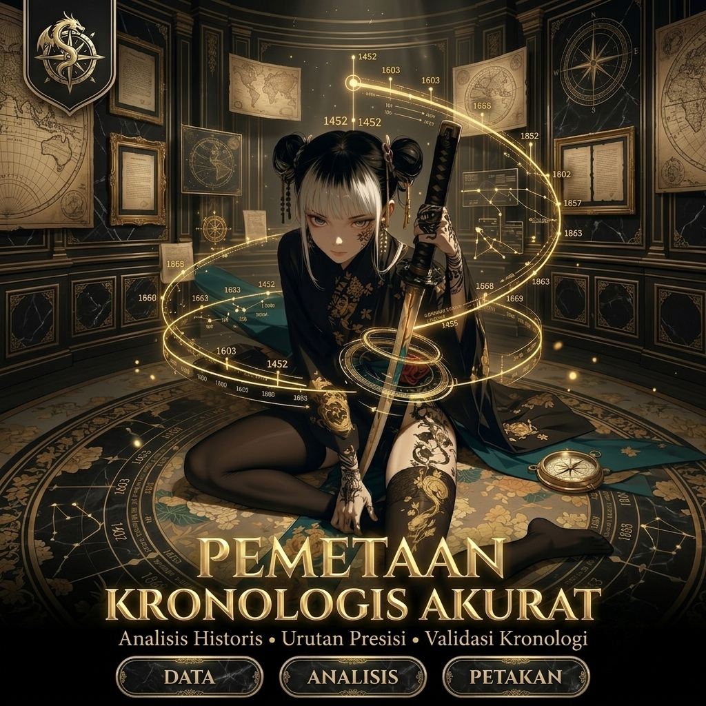 Ilustrasi konseptual Pemetaan Kronologis Akurat yang presisi dengan grafis timeline digital dan data komputasi taktis.