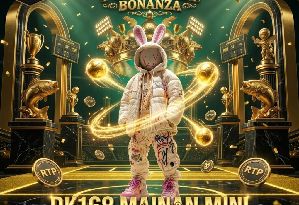 Maskot kelinci Big Bass Football Bonanza DK168 bergaya streetwear di arena fantasi megah.