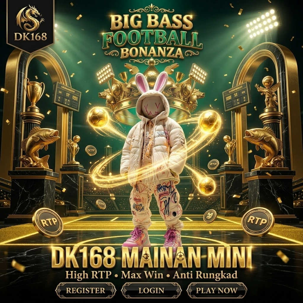 Maskot kelinci Big Bass Football Bonanza DK168 bergaya streetwear di arena fantasi megah.